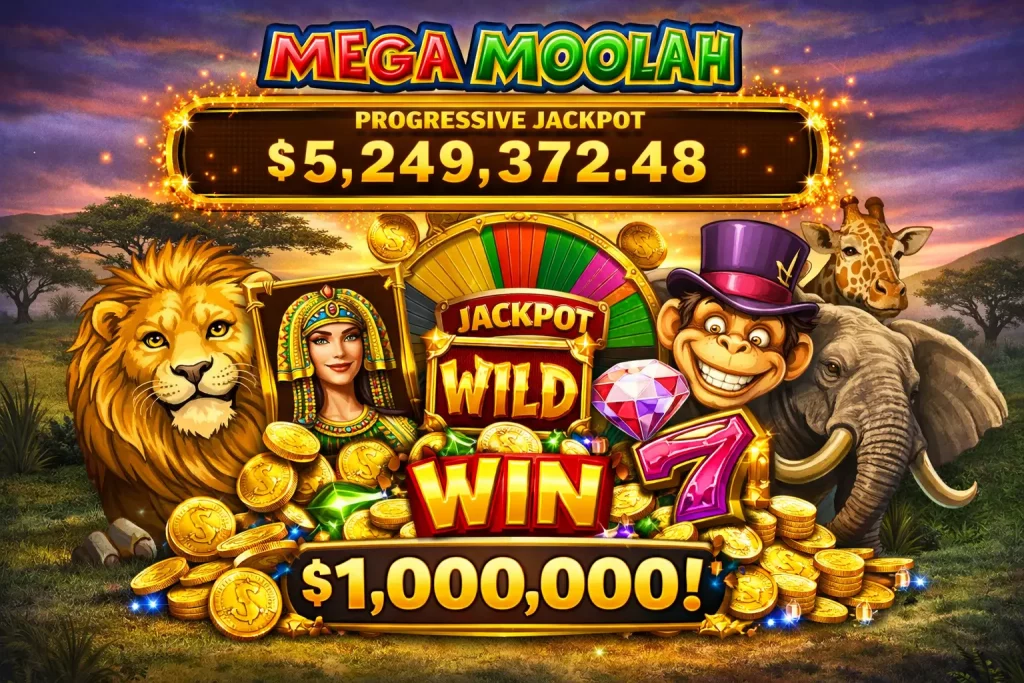 Mega Moolah progressive jackpot slot with golden coins, safari theme elements, and glowing jackpot display on a dark casino background