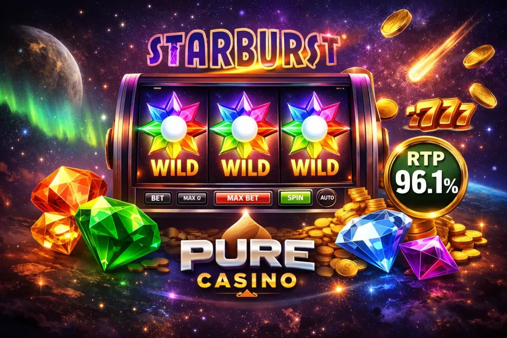Starburst slot game with colorful reels, expanding wild symbols and neon space design at Pure Casino