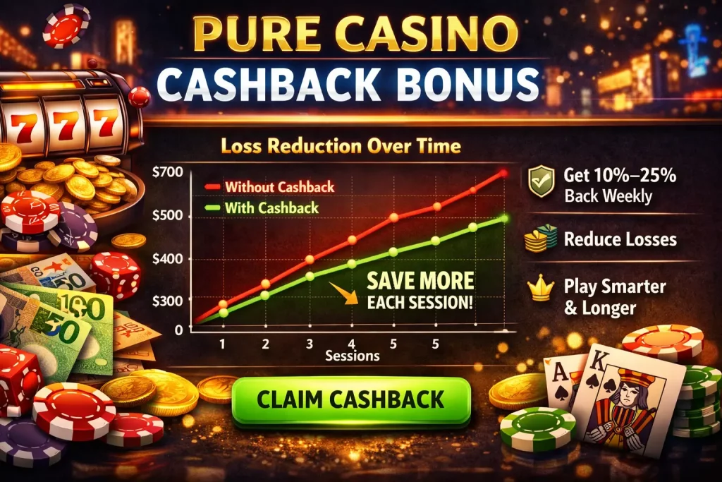 Pure Casino cashback bonus banner with loss reduction chart, slot machine, coins and weekly cashback offer up to 25%