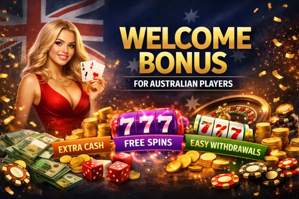 Pure Casino welcome bonus banner with coins, chips, and casino elements on transparent background