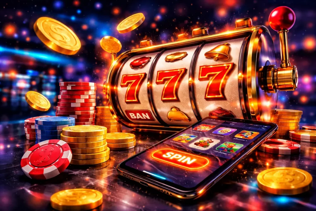 Vibrant online slots scene with glowing 777 slot machine, mobile casino app, and flying coins in a colorful casino environment