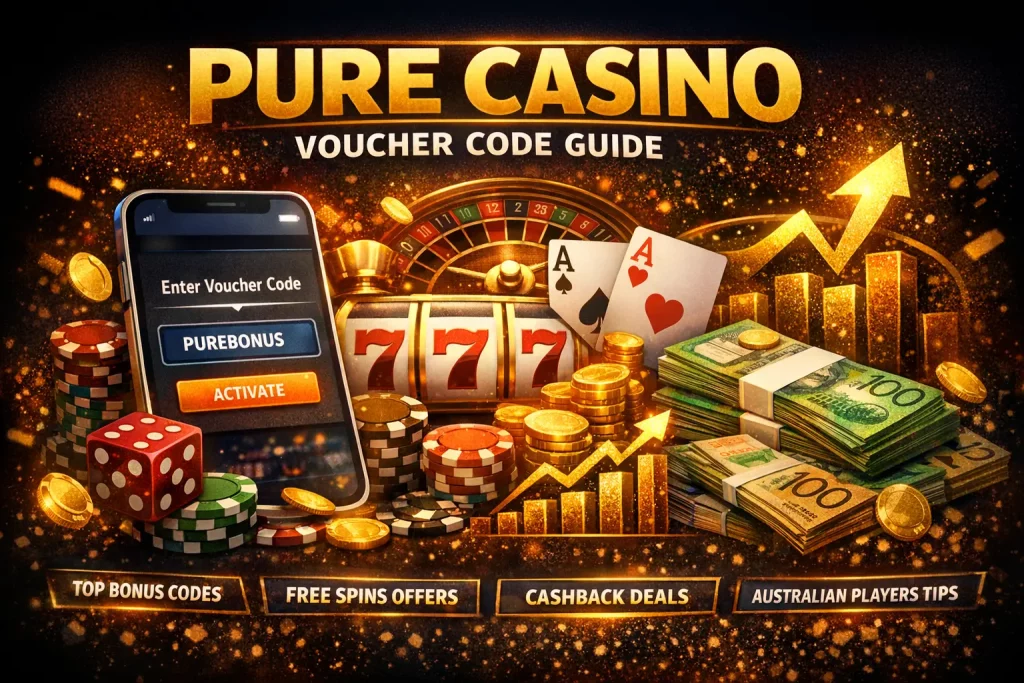 Pure Casino voucher code banner with bonus offers, free spins, slot machine and online casino elements for Australian players