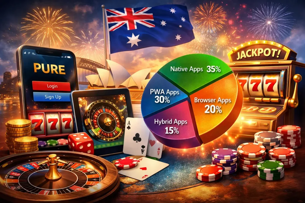 Pure Casino mobile app illustration with casino elements and Australian theme