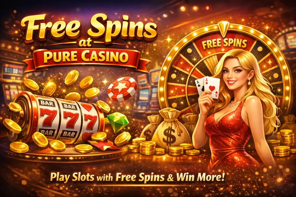 Pure Casino free spins banner with slot machine, coins, lucky wheel, and casino gameplay for online players