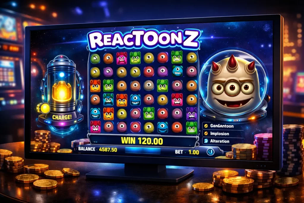 Reactoonz slot game on a widescreen display with colorful alien symbols, glowing energy features, and casino chips on a dark background