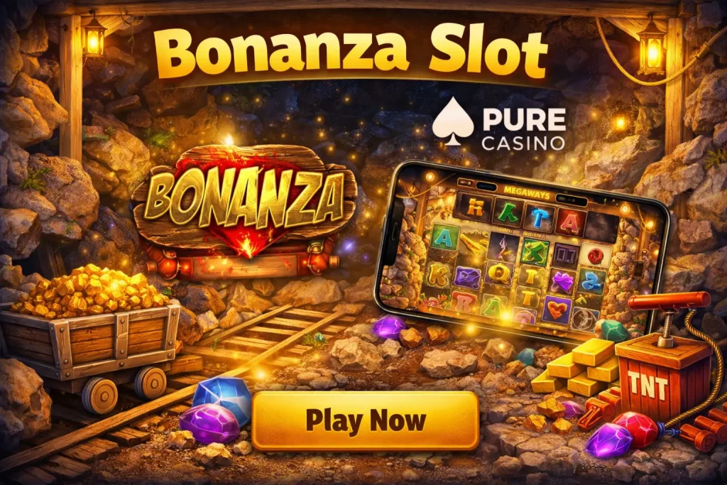 Bonanza slot mining cave with gold, gems, Megaways reels and Play Now button at Pure Casino