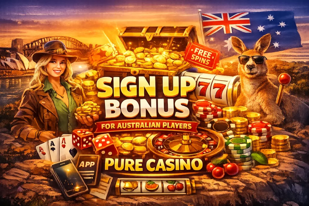 Pure Casino sign up bonus Australia banner with treasure chest, free spins, slot machine, coins, kangaroo and casino elements for new players