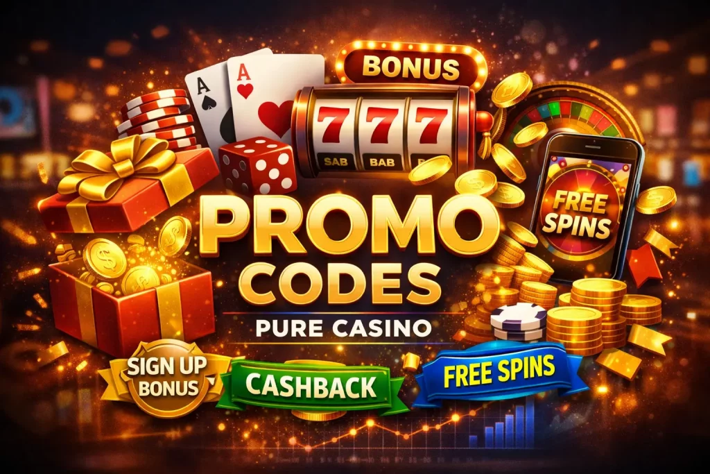 Pure Casino promo codes banner with slot machine, coins, free spins, and bonus rewards for online casino players