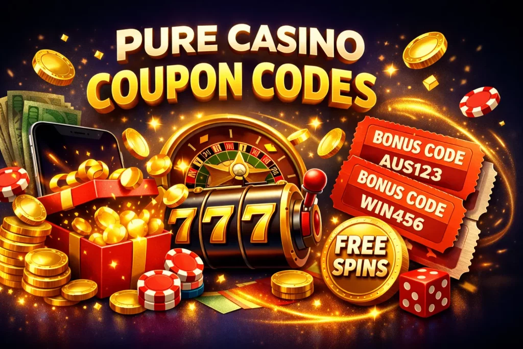 Pure Casino coupon code banner with free spins, bonus deals and online casino elements for Australian players