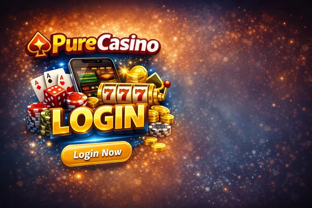 Pure Casino login banner with mobile device, slot machine, cards, chips, and login button on a dark gradient background