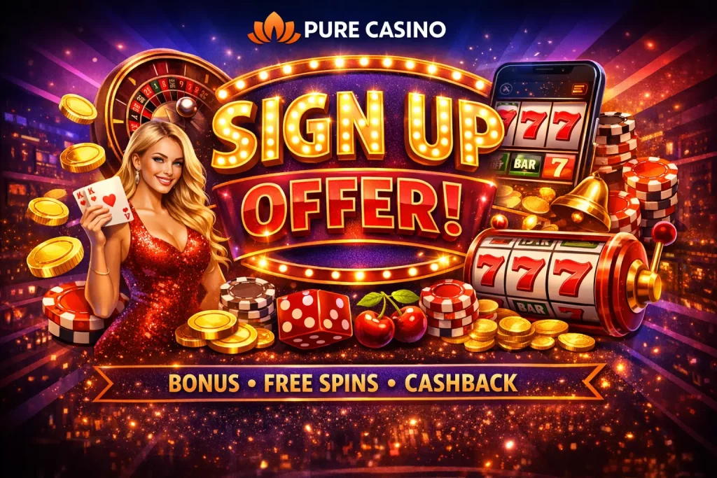 Pure Casino sign up offer banner with welcome bonus, free spins and online casino gameplay elements for Australian players