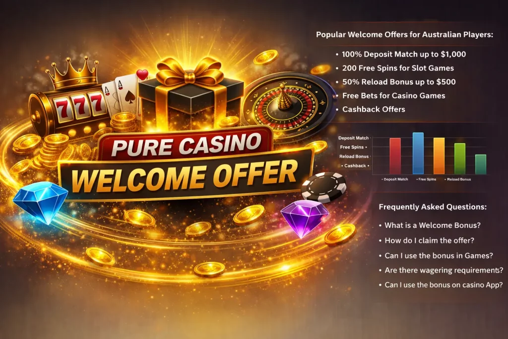 Pure Casino welcome offer banner with slot machine, roulette wheel, gift box, coins and free spins bonus for Australian players