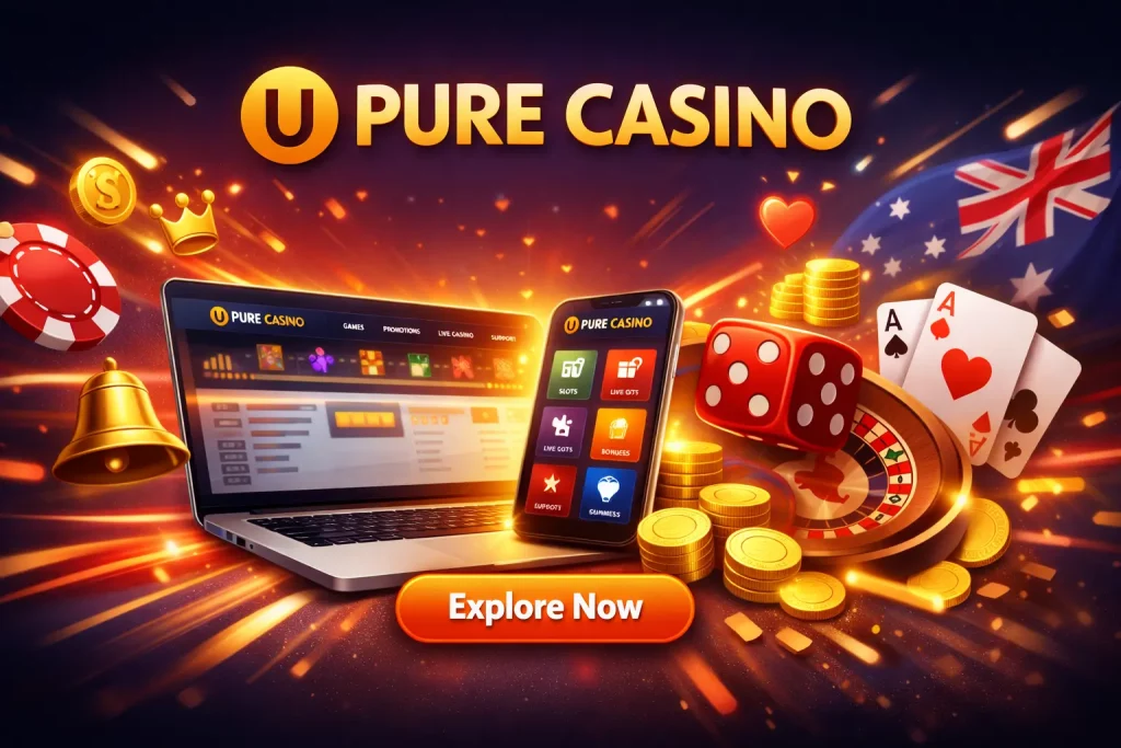 Pure Casino banner with laptop and mobile gaming platform, casino chips, cards, dice, and glowing coins in a vibrant online casino scene