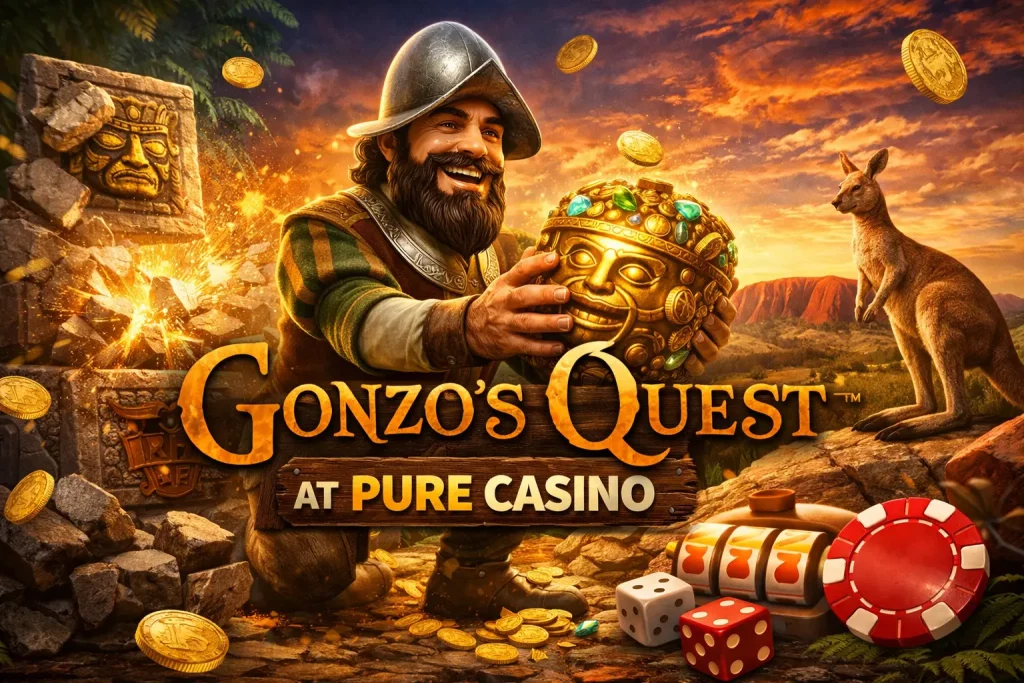 Gonzo’s Quest slot with explorer character, golden idol, jungle temple and coins at Pure Casino