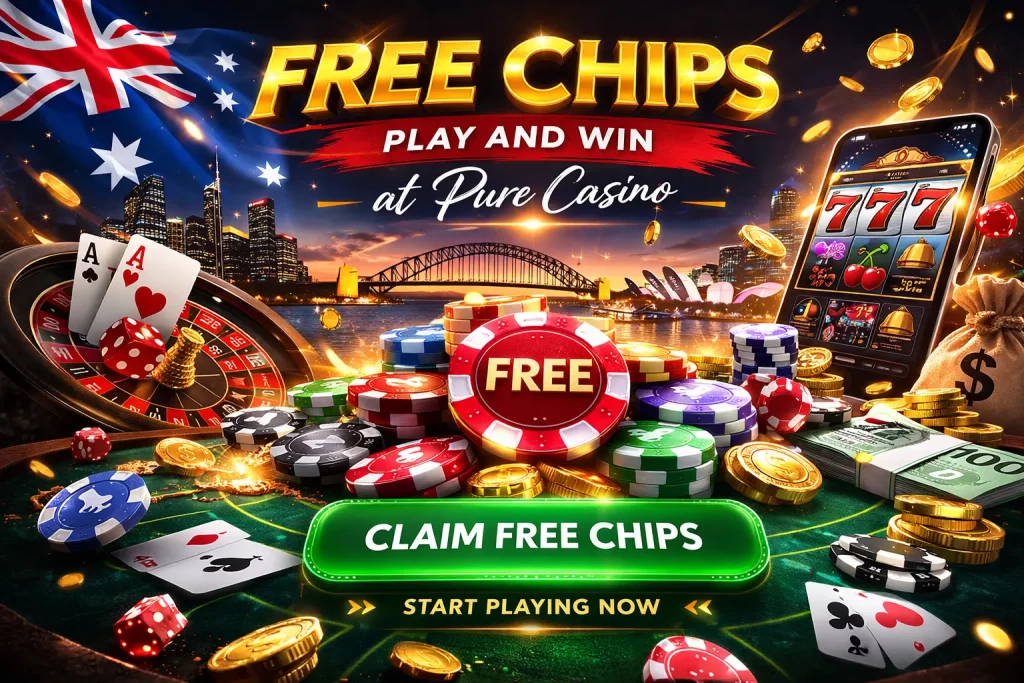 Free chips promotion at Pure Casino with casino chips, cards, slot machine and Australian theme for online players