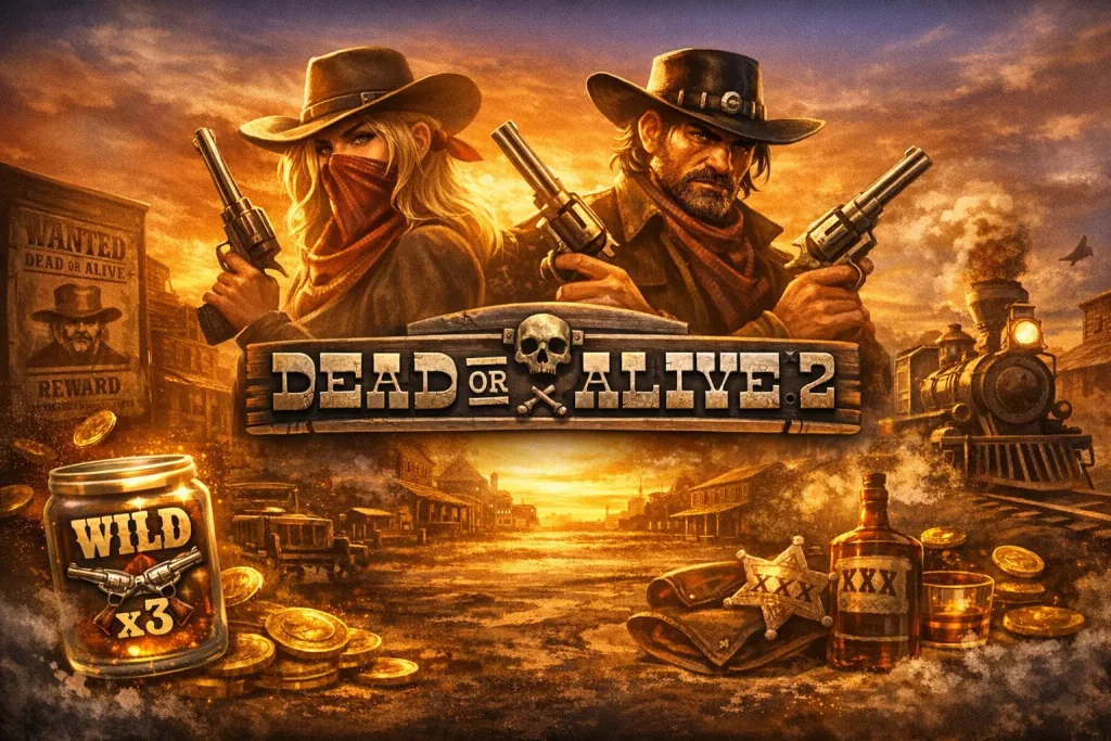 Dead or Alive 2 slot banner with Wild West theme, outlaws, train, gold coins and sticky wild multiplier symbols on sunset background