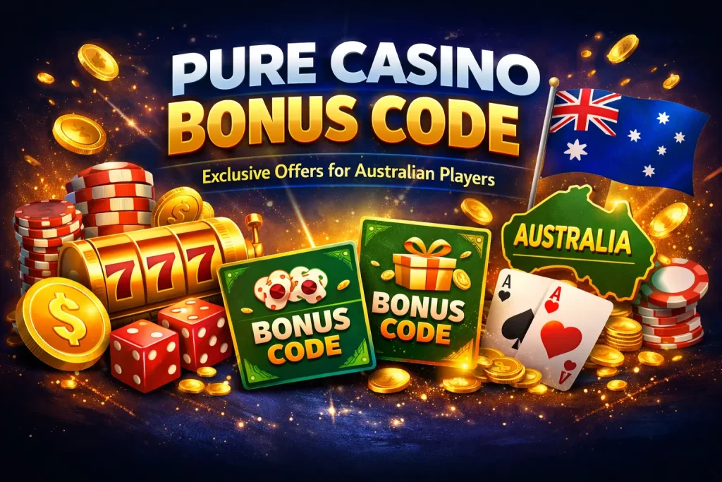 Pure Casino bonus code banner with free spins, slot machine, coins and Australian flag for players in Australia