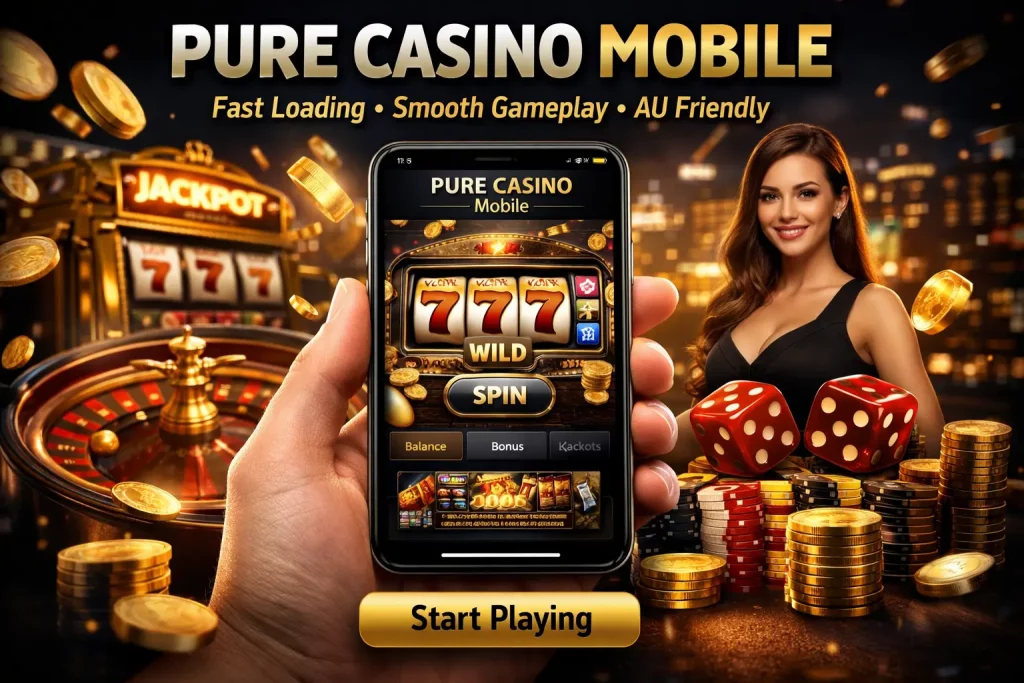 Pure Casino Mobile gameplay on smartphone with slots, roulette, and casino features