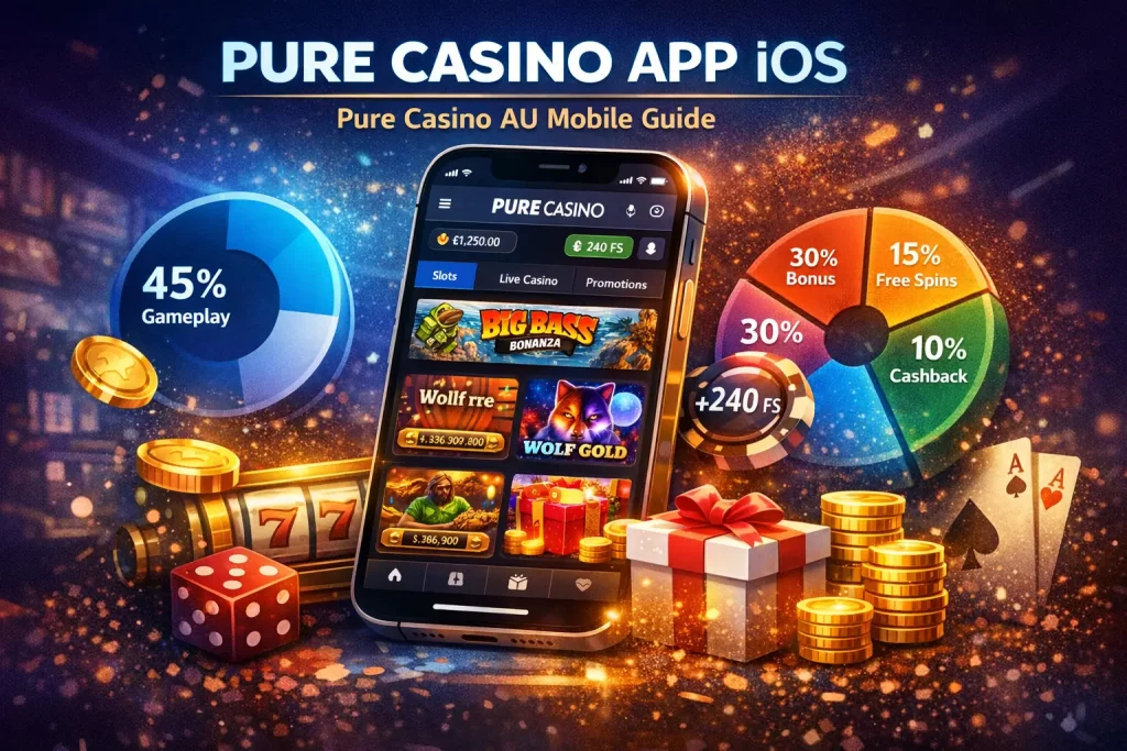 Pure Casino App iOS banner with mobile gameplay interface, bonus chart, slots games and casino elements for Australian players