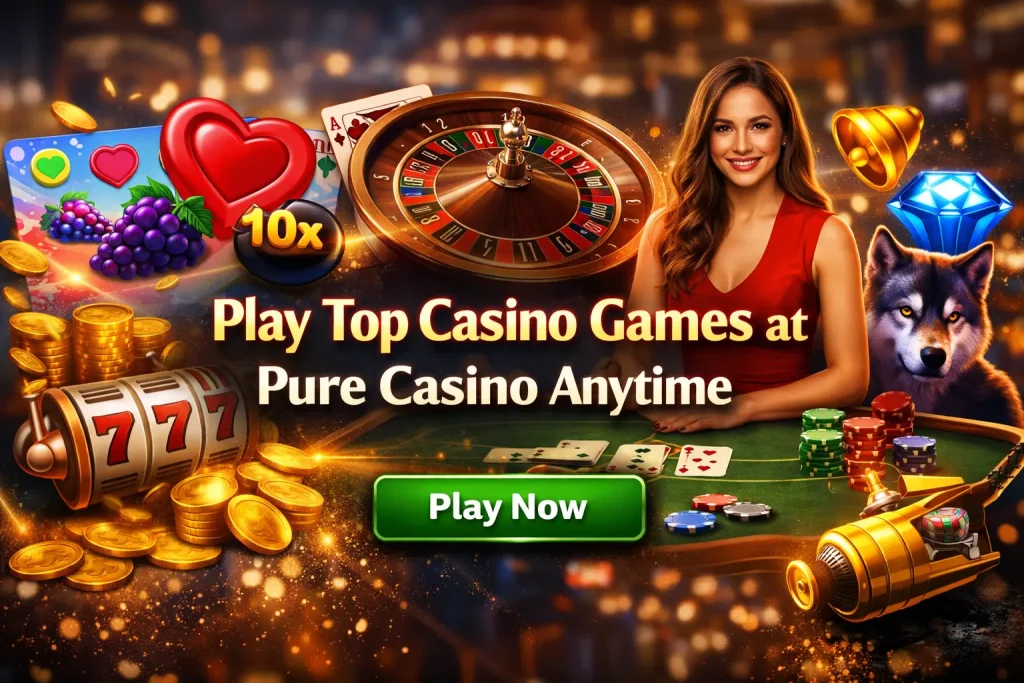 Colorful online casino games scene with cards, roulette, slot machine, and glowing coins on a vibrant gaming background