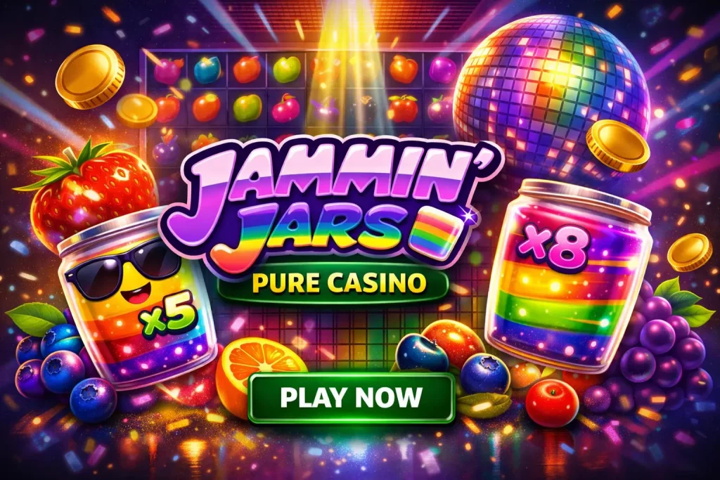 Jammin’ Jars slot game banner with colorful fruit grid, moving multiplier jars and dynamic cascade gameplay on dark background