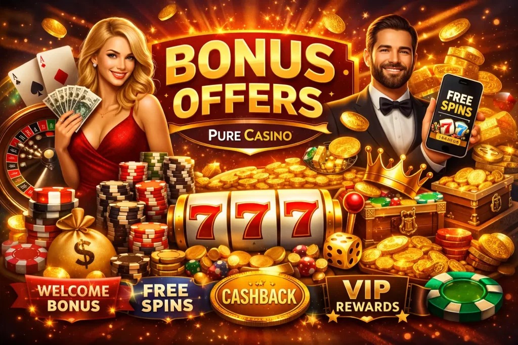 Pure Casino bonus offers banner with free spins, cashback, VIP rewards, and casino chips