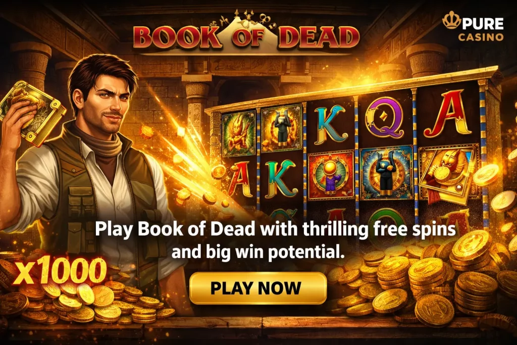 Book of Dead slot with ancient Egyptian theme, explorer character and glowing reels at Pure Casino