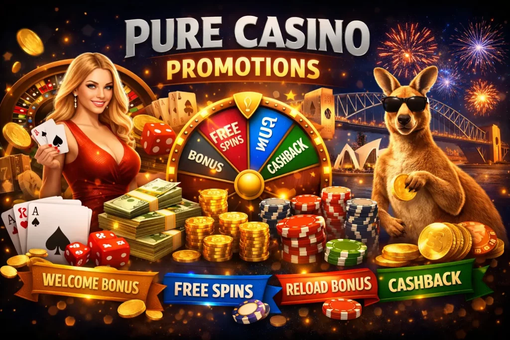 Pure Casino promotions overview with bonus offers, free spins, reload deals and cashback options for Australian players