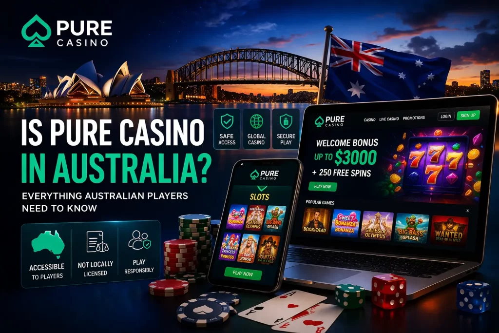 Pure Casino availability in Australia with Sydney skyline, Australian flag, and online casino interface showing slots, bonus offer, and mobile gameplay