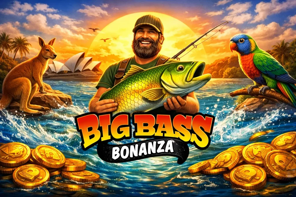 Big Bass Bonanza slot game banner with fisherman theme and fishing symbols at Pure Casino Australia