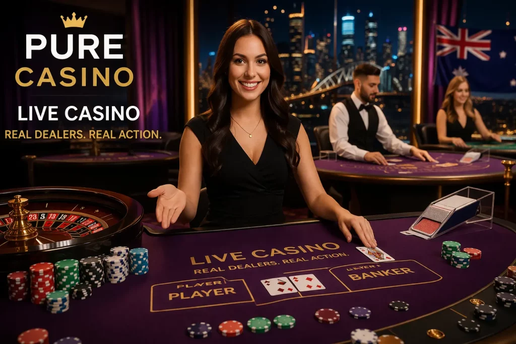 Live casino scene with a real dealer at a table, players interacting online in a modern digital environment