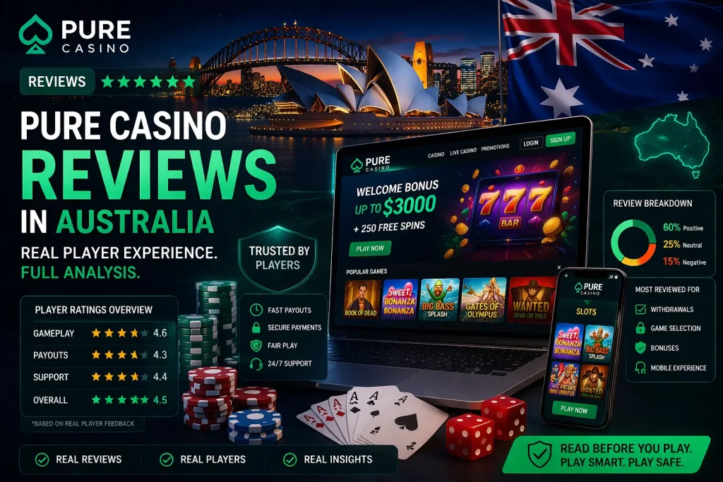 Pure Casino reviews in Australia showing player ratings, payouts, gameplay, slots interface, and real user experience on desktop and mobile