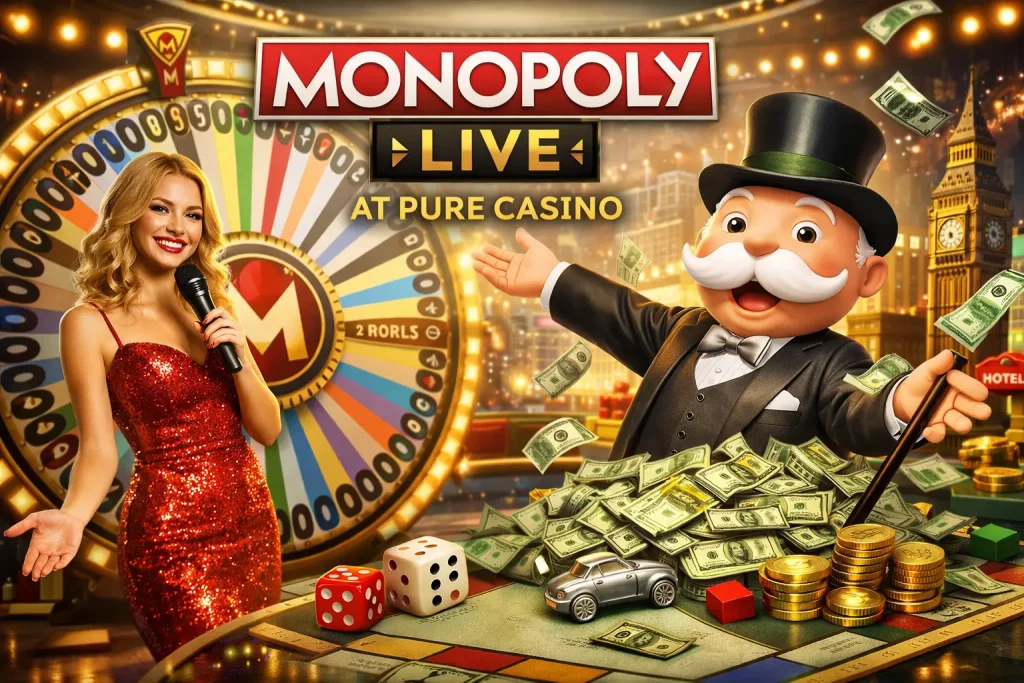 Monopoly Live casino game with live host, spinning wheel, and bonus features at Pure Casino Australia