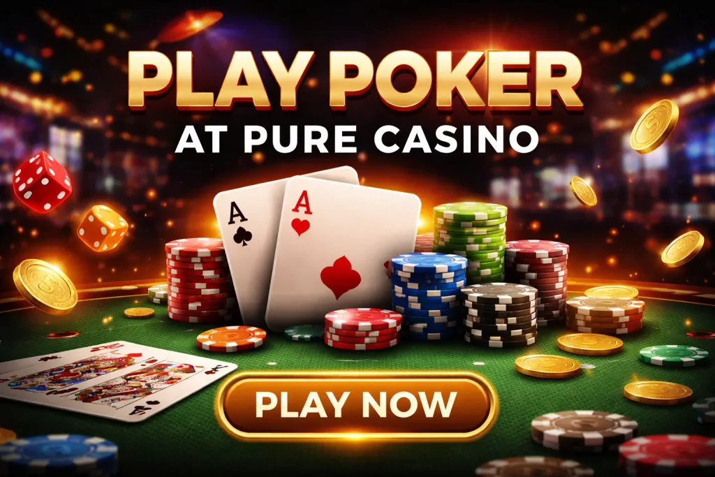 Poker banner at Pure Casino with cards, chips, and casino table in a modern online gaming design