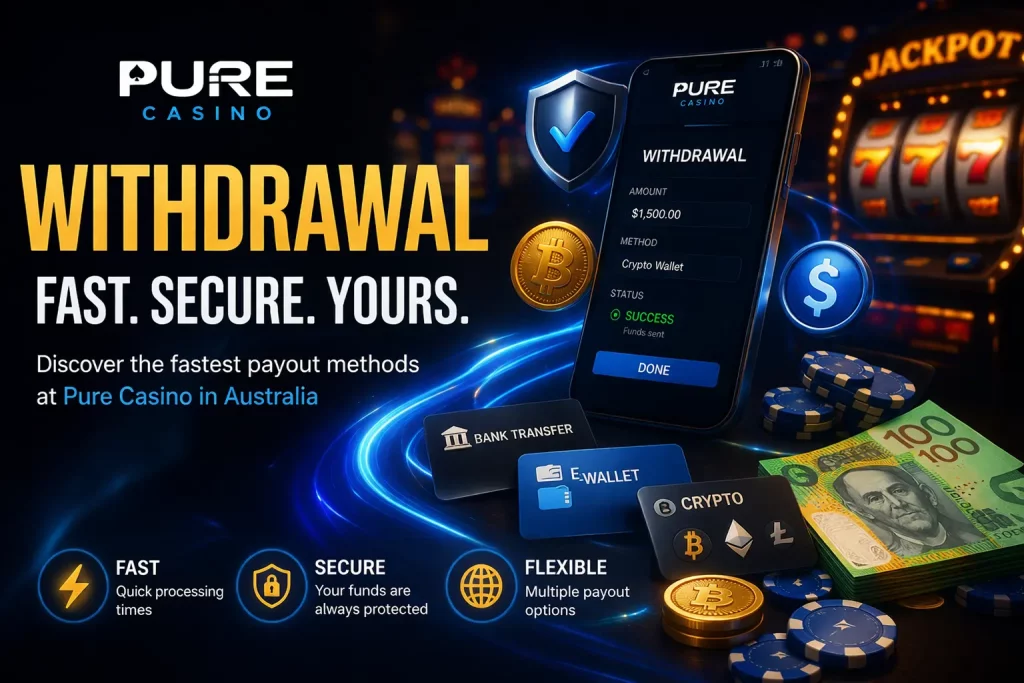 Pure Casino withdrawal concept with smartphone, crypto, e-wallet and bank payout options showing fast and secure transactions