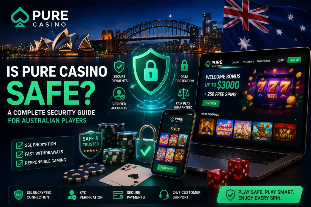 Is Pure Casino safe banner with Sydney skyline, security shield, SSL encryption icons, and online casino interface showing slots, bonus, and mobile gameplay