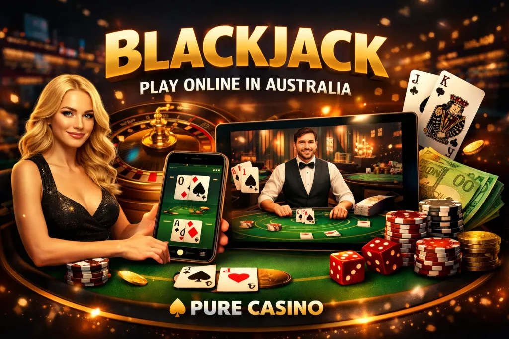 Blackjack banner at Pure Casino with playing cards, chips, and casino table in a modern gaming design