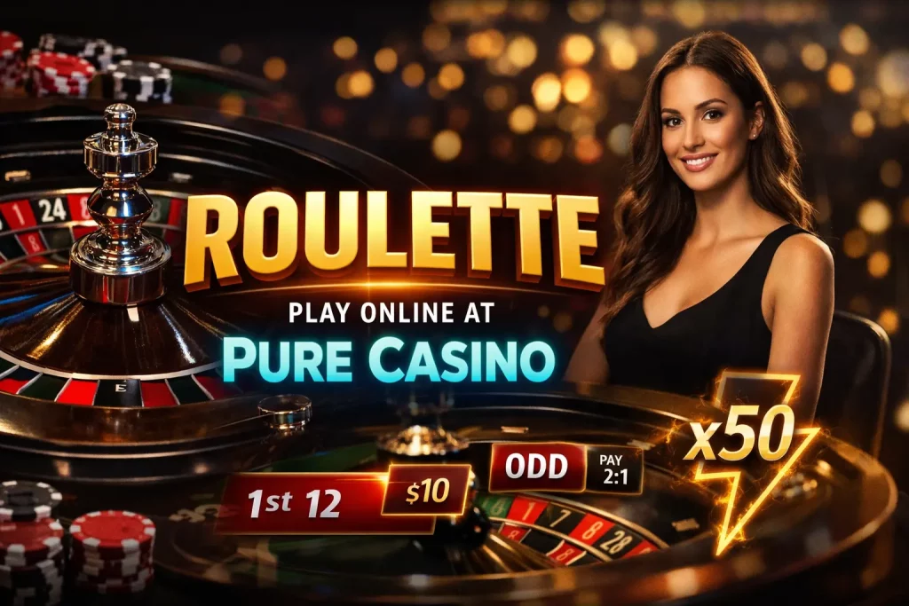 Roulette casino game with spinning wheel and live dealer at Pure Casino Australia
