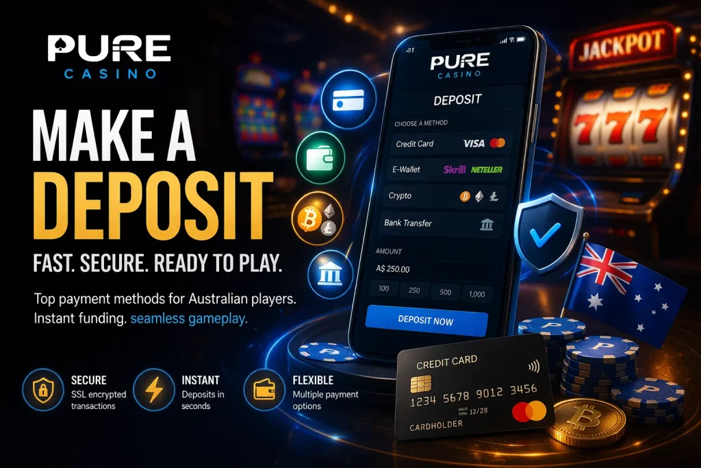 Pure Casino deposit screen with credit card, e-wallet and crypto payment options showing fast and secure instant funding